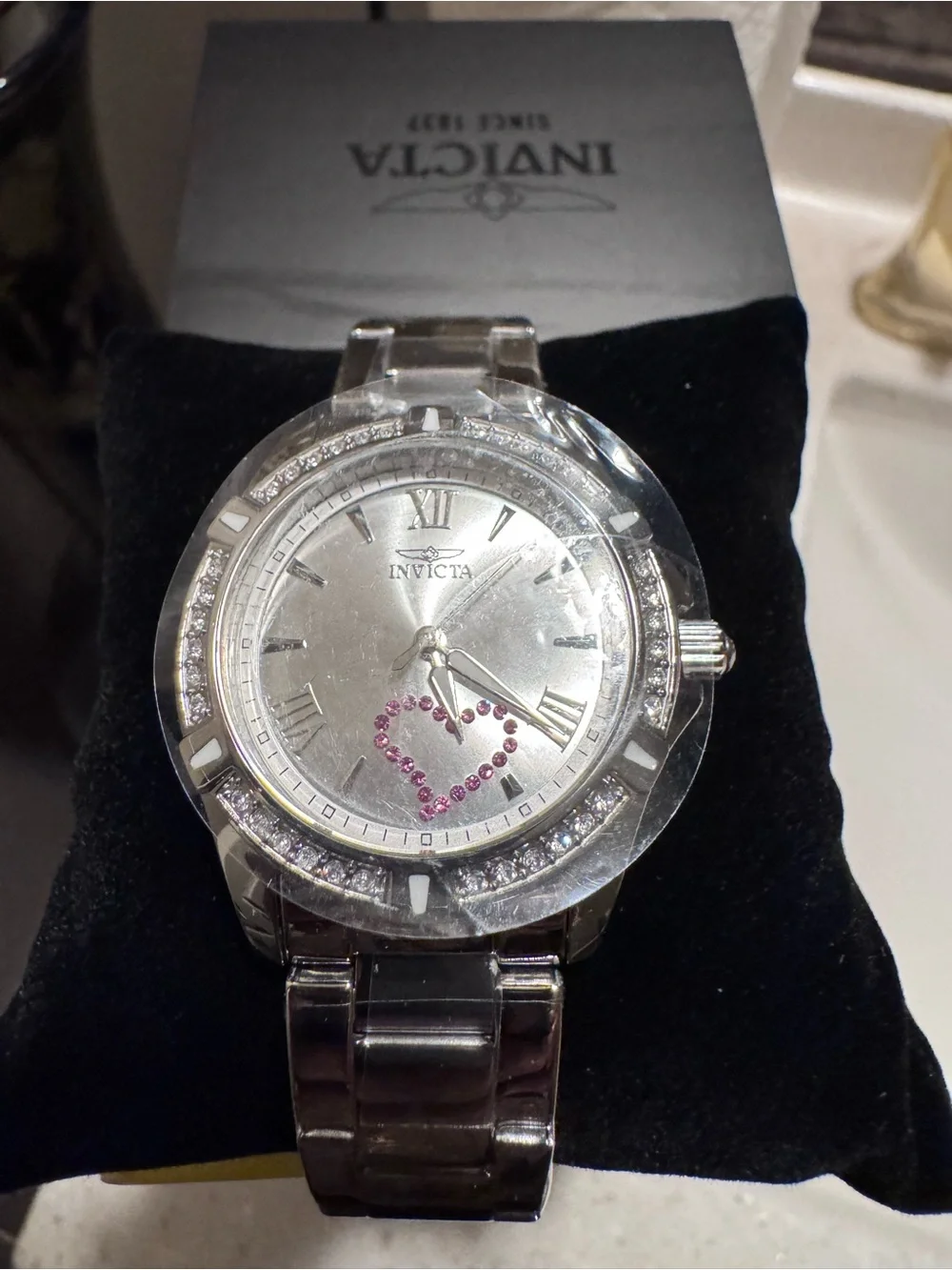 Invicta Silver Crystal Bracelet Watch with Pink Heart
